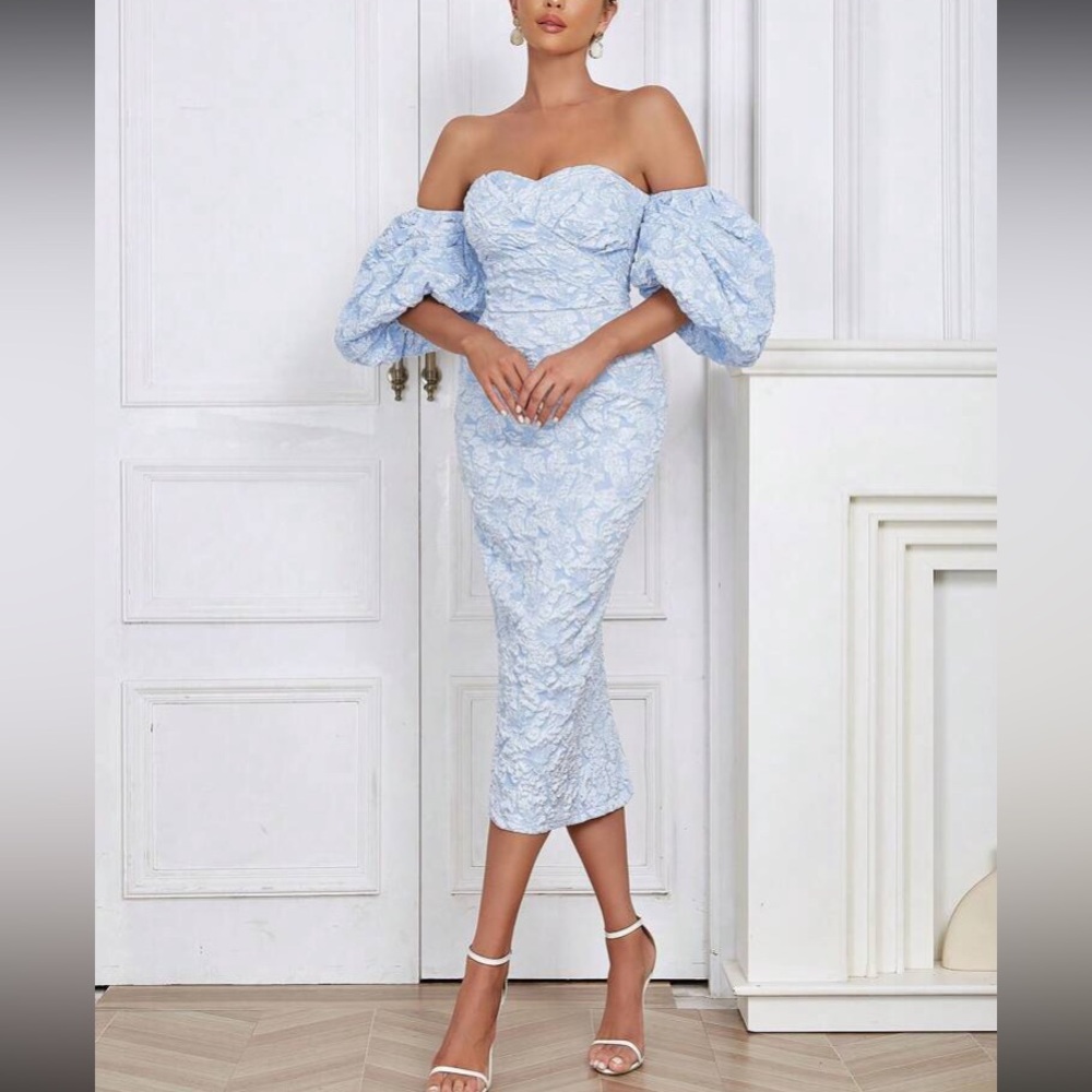 Luxe floral jacquard off shoulder party formal evening dress